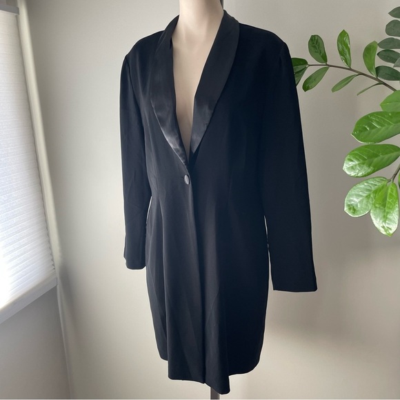 Vintage Longline Satin Mixed Media Blazer Suit Jacket Long Black Corporate Goth - Picture 4 of 8